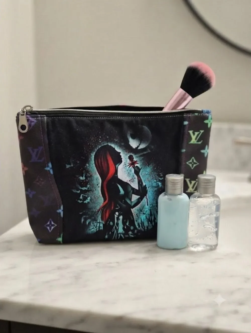 Colorful Black Patterned Zippered Cosmetic or toiletry Bag w/ Silhouette Design